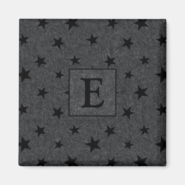 Modern Elegant Chic Black Star Pattern Monogram Magnet (Front)