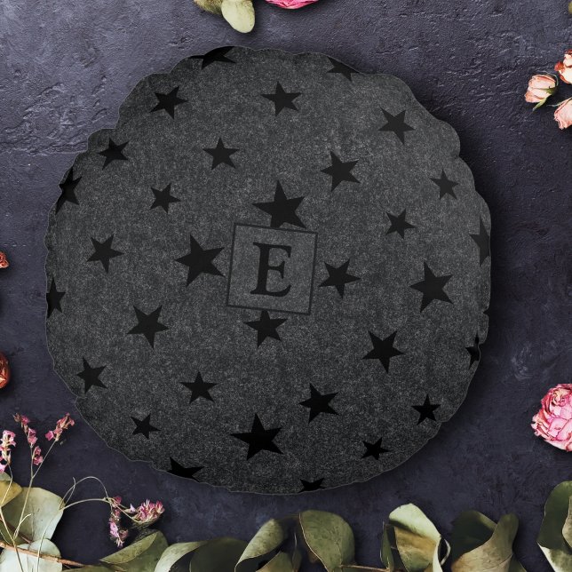 Modern Elegant Chic Black Star Pattern Monogram Round Cushion (Creator Uploaded)