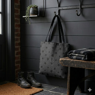 Modern Elegant Chic Black Star Pattern Monogram Tote Bag