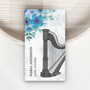 Modern Elegant Chic Blue Floral Harp Music Teacher Business Card