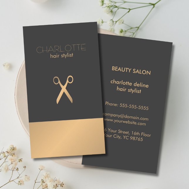 Modern Elegant Chic Faux Copper Gray Hair Stylist Business Card (Creator Uploaded)