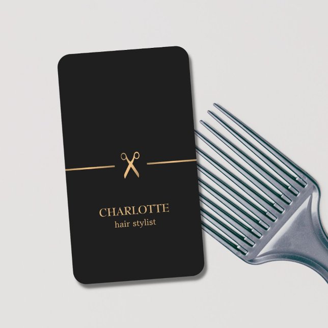 Modern Elegant Chic Faux Gold Black Hair Stylist Business Card (Creator Uploaded)
