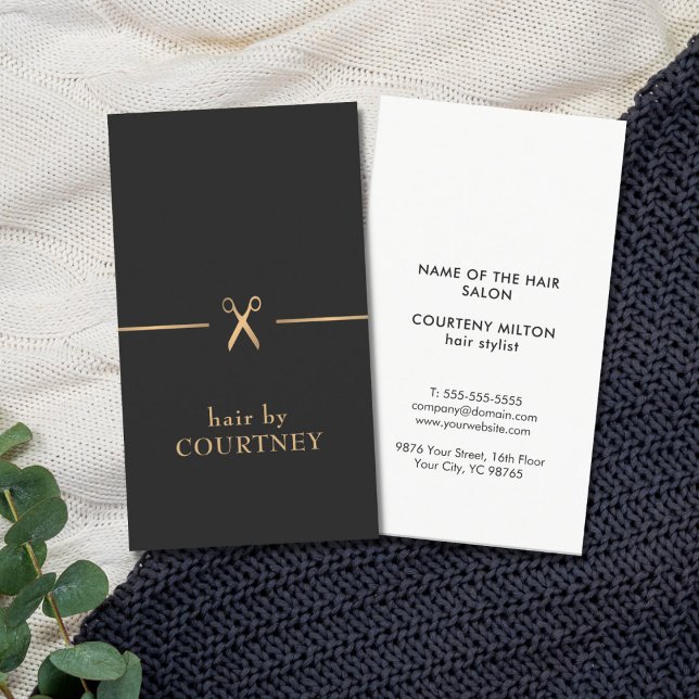 Modern Elegant Chic Faux Gold Black Hair Stylist Business Card (Creator Uploaded)