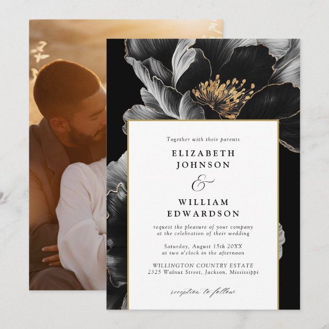 Modern Elegant Chic Floral Photo Wedding Invitation (Front/Back)