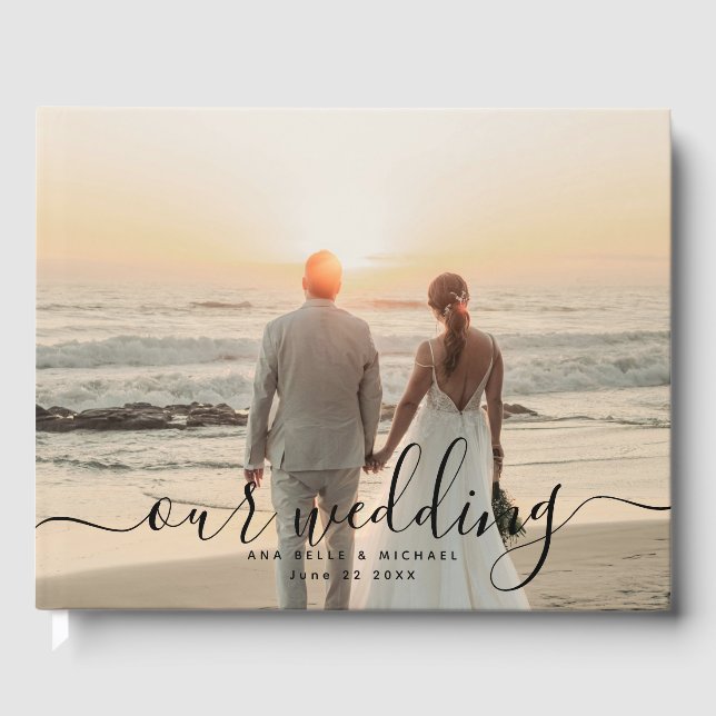 Modern Elegant Chic Handwritten Photo Wedding Guest Book (Front)