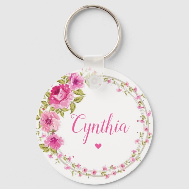 Modern Elegant Chic Pink Floral Girly Monogram Key Ring (Front)
