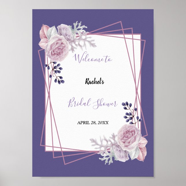 Modern elegant chic purple Floral Bridal Shower Poster (Front)