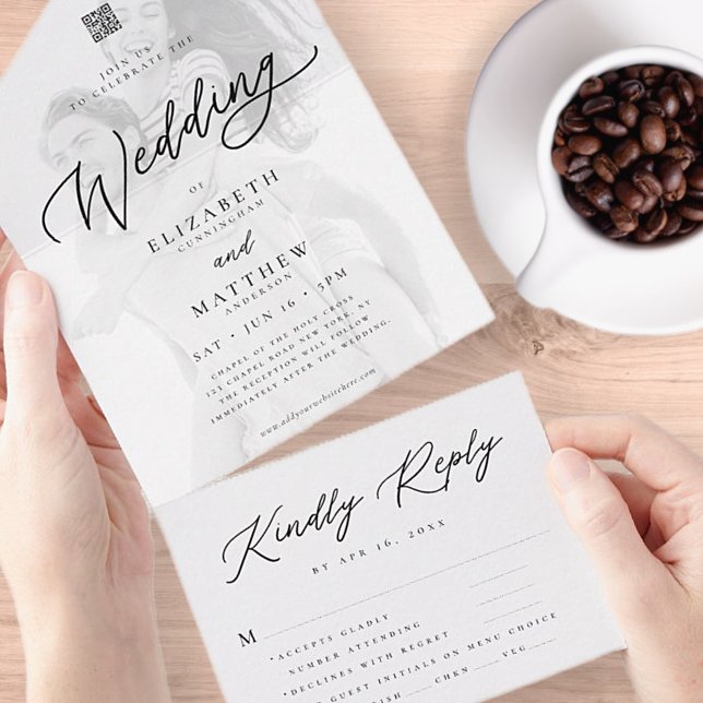 Modern Elegant Chic Simple Photo QR Wedding RSVP All In One Invitation (Creator Uploaded)