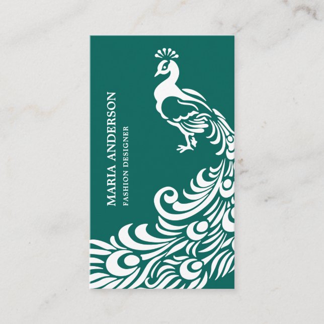 Modern Elegant Chic Teal and White Peacock Business Card (Front)