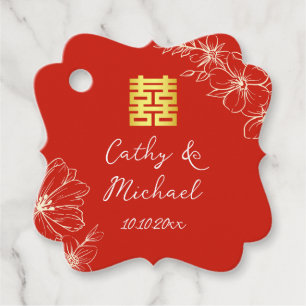 Modern elegant Chinese wedding floral script red Favour Tags