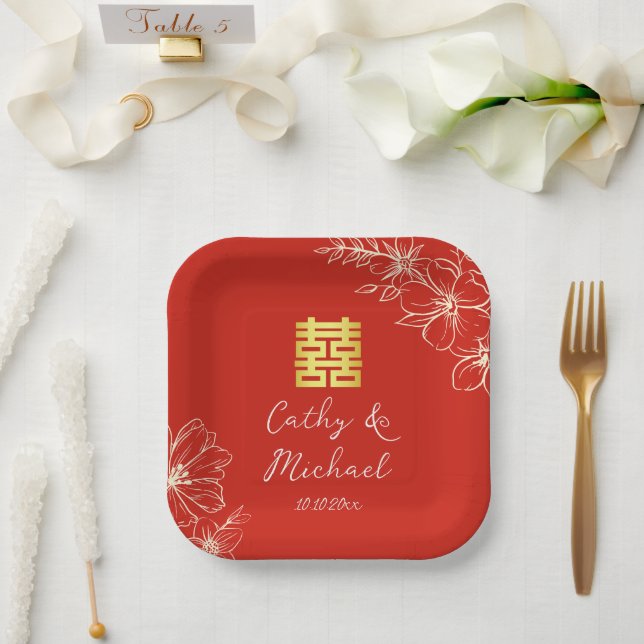 Modern elegant Chinese wedding floral script red Paper Plate (Wedding)