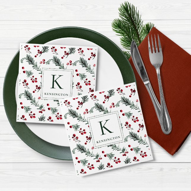 Modern Elegant Christmas Botanical Monogram Napkin (Modern Elegant Christmas Botanical Monogram Napkins)
