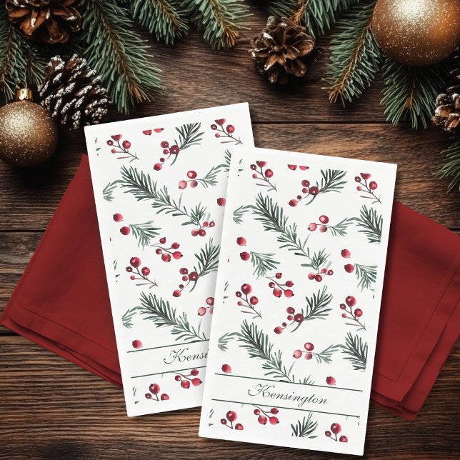 Modern Elegant Christmas Botanical Personalised Napkin (Modern Elegant Christmas Botanical Personalized Paper Guest Towels)