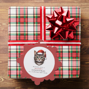Modern Elegant Christmas Cat with Santa Hat Tree Decoration Card