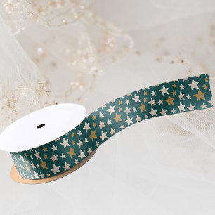 Modern Elegant Christmas Star Pattern Green Satin Ribbon