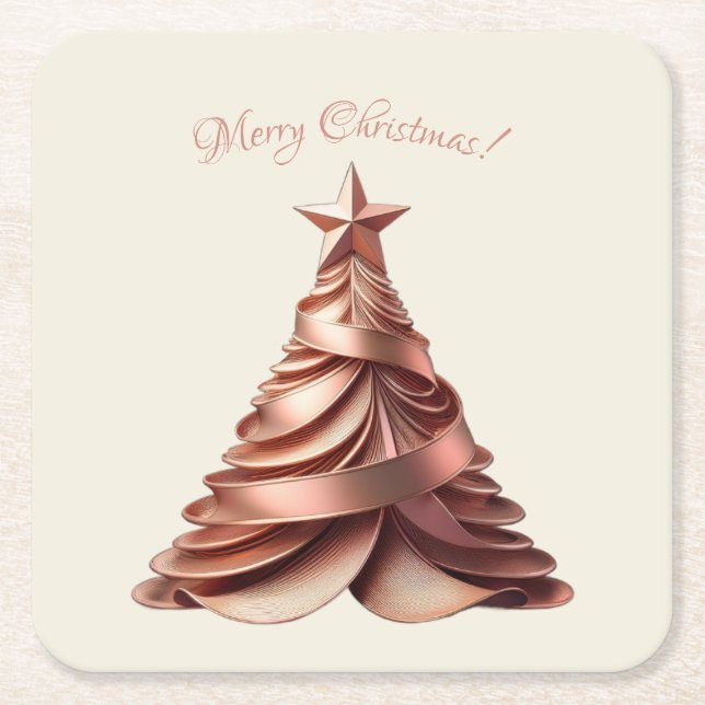 Modern Elegant Christmas Tree-Rose Gold Square Paper Coaster (Front)