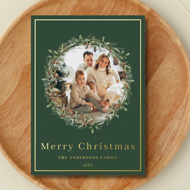 Modern elegant Christmas wreath gold holiday card (Creator Uploaded)