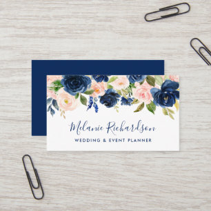 Modern Elegant Classic Blue Pink Blush Floral Business Card