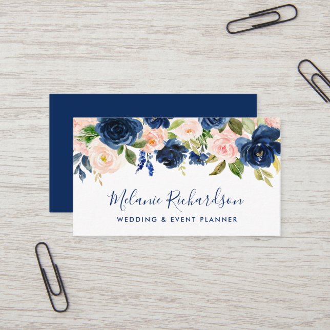 Modern Elegant Classic Blue Pink Blush Floral Business Card (Front/Back In Situ)