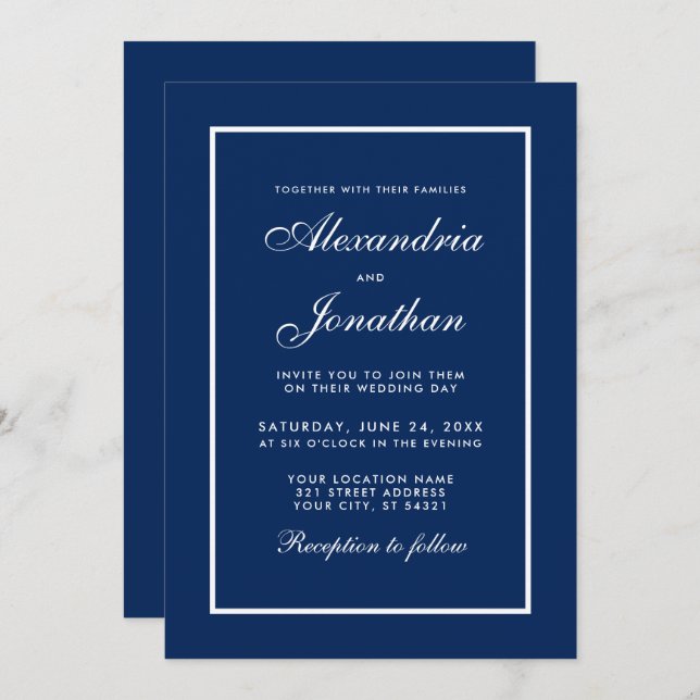 Modern Elegant Classic Blue Wedding Invitation (Front/Back)