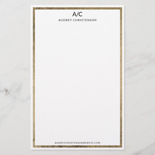 Modern elegant classic monogram chic gold frame stationery (Front)