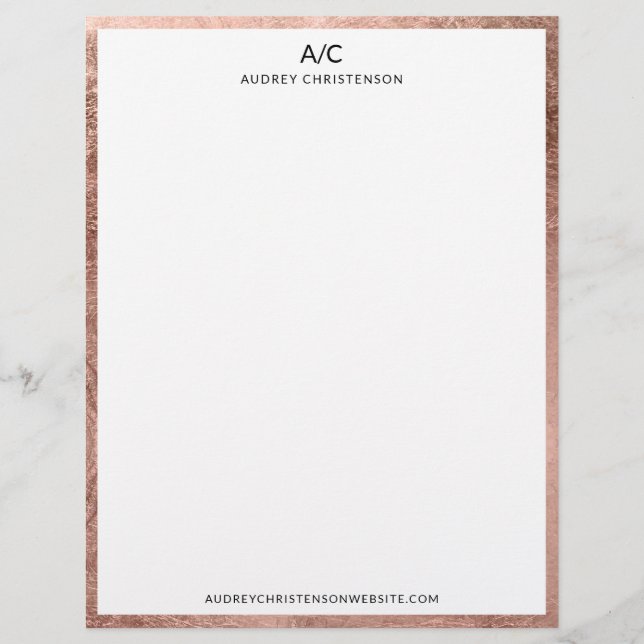 Modern elegant classic monogram rose gold frame custom letterhead (Front)