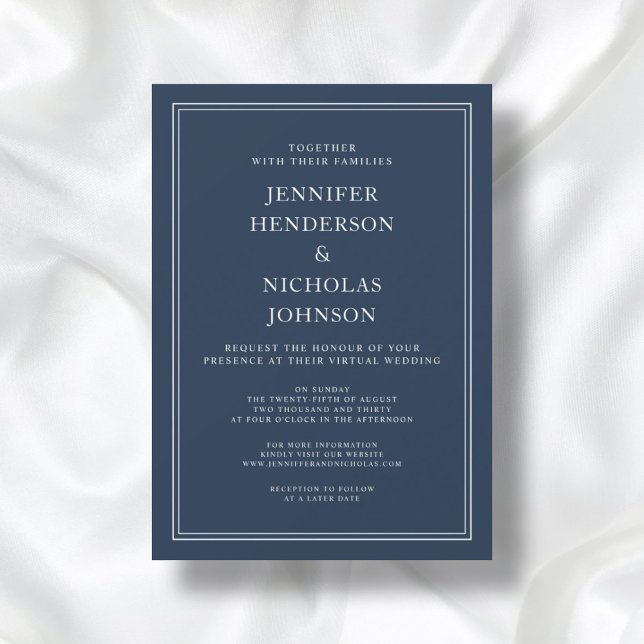 Modern Elegant Classic Navy Blue Virtual Wedding Invitation (Front / Modern Elegant Classic Navy Blue Virtual Wedding Invitation)