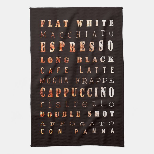 Modern Elegant Coffee Types Typography Tea Towel (Vertical)