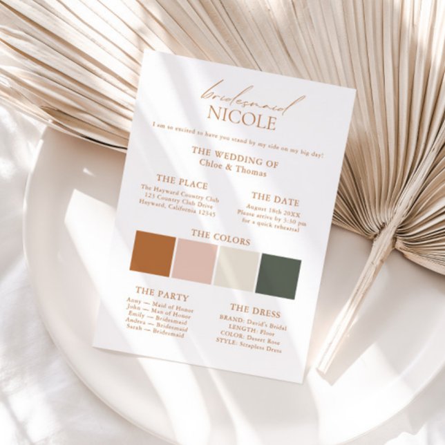 Modern Elegant Colour Palette Bridesmaid Info Card (Creator Uploaded)