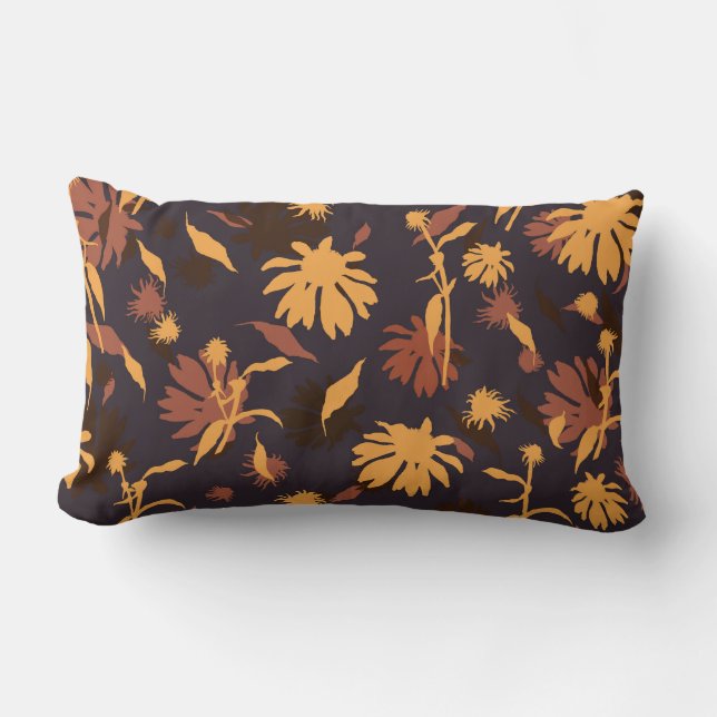 Modern Elegant Coneflowers Yellow Orange Dark Grey Lumbar Cushion (Front)