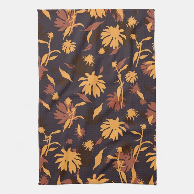 Modern Elegant Coneflowers Yellow Orange Dark Grey Tea Towel (Vertical)