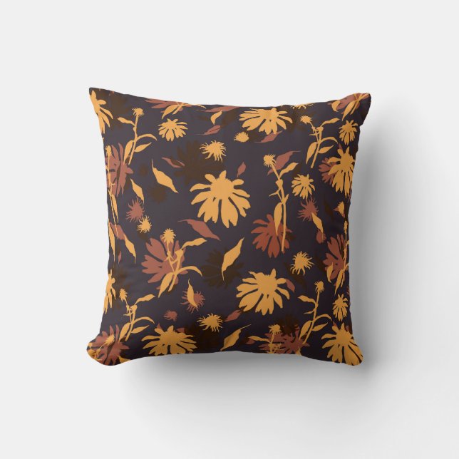 Modern Elegant Coneflowers Yellow Orange on Blue Cushion (Front)