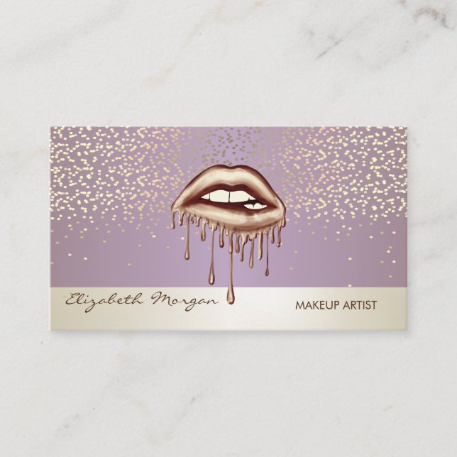 Modern Elegant,Confetti, Metallic Dripping Lips Business Card (Front)