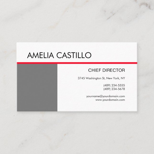 Modern Elegant Contemporary Plain Grey Red White Business Card (Front)