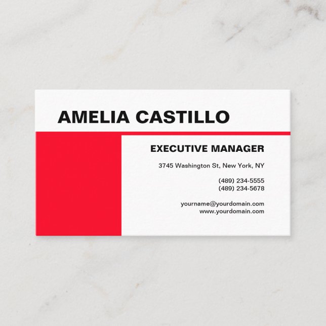 Modern Elegant Contemporary Plain Red White Business Card (Front)
