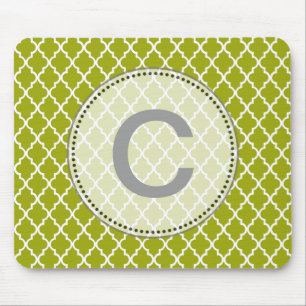 Modern, elegant, cool lime quatrefoil monogram mouse pad