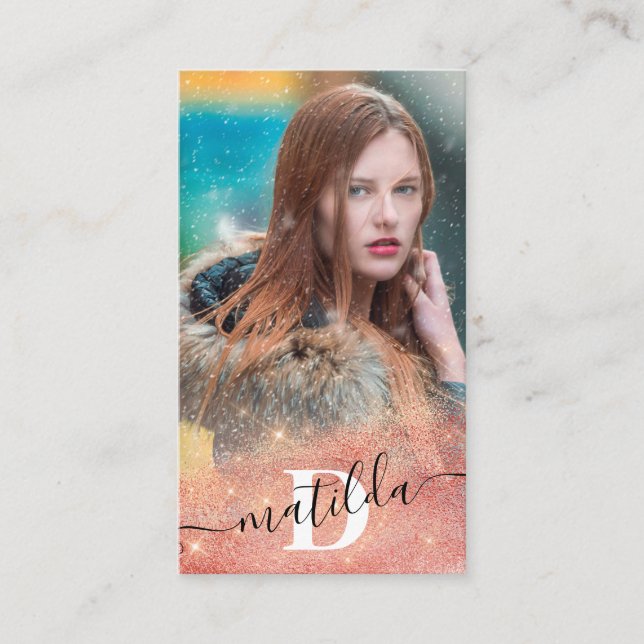 Modern elegant copper gold glitter photography business card (Front)