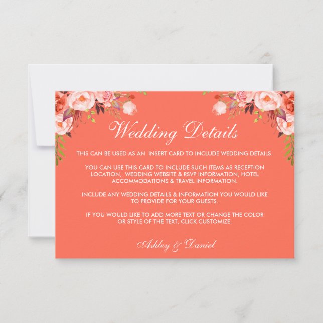 Modern Elegant Coral Floral Wedding Details Invitation (Front)