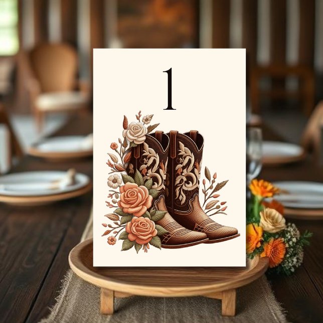 Modern Elegant Country Western- Flowers Table Number (Country Western-Flowers with Cowboy Boots-Wedding Table Numbers)