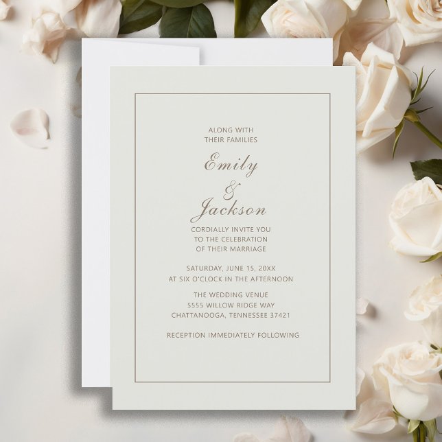 Modern Elegant Cream Brown Wedding Invitation (Elegant cream-colored wedding invitation with beautiful calligraphy script.)