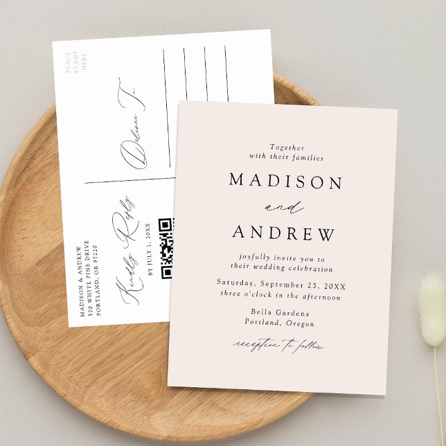 Modern Elegant Cream QR Code Wedding Invitation Postcard (Creator Uploaded)