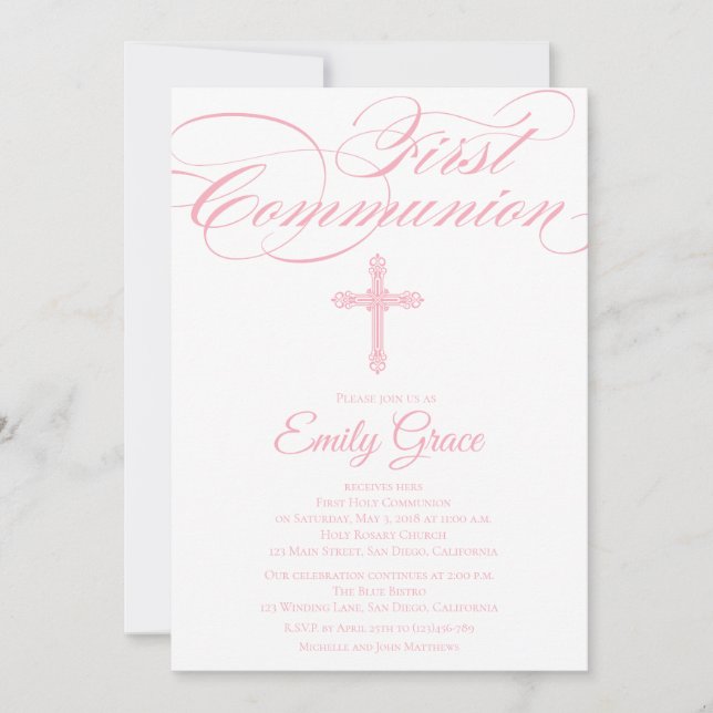 Modern Elegant Cross Communion Invite for Girls (Front)