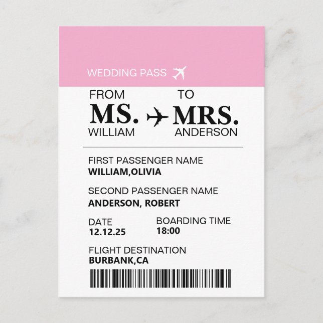 Modern Elegant Custom Bride To Be Boarding Pass Postcard (Front)