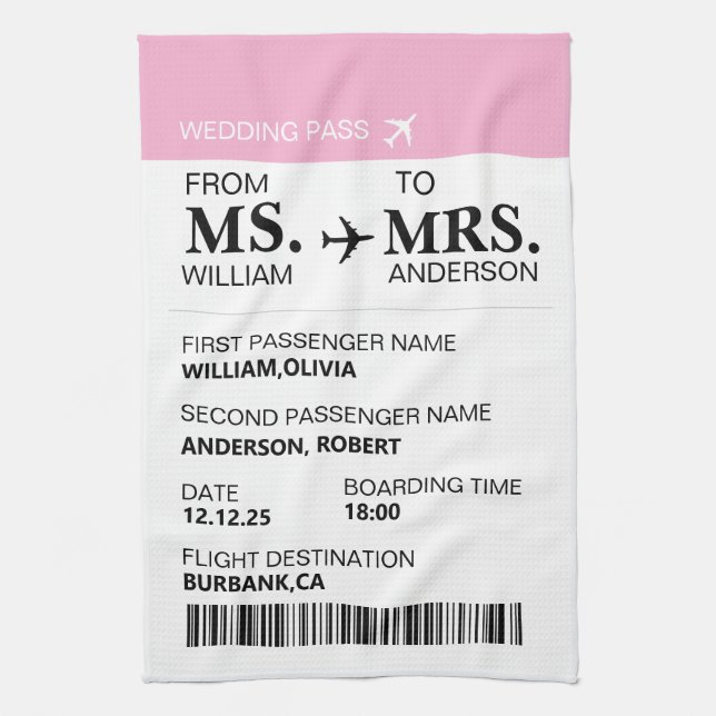 Modern Elegant Custom Bride To Be Boarding Pass Tea Towel (Vertical)