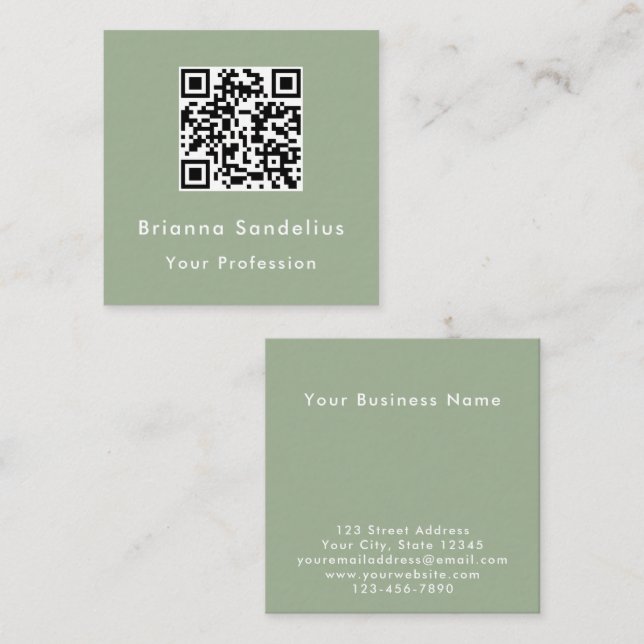 Modern Elegant Custom Sage Green QR Code Square Business Card (Front/Back)