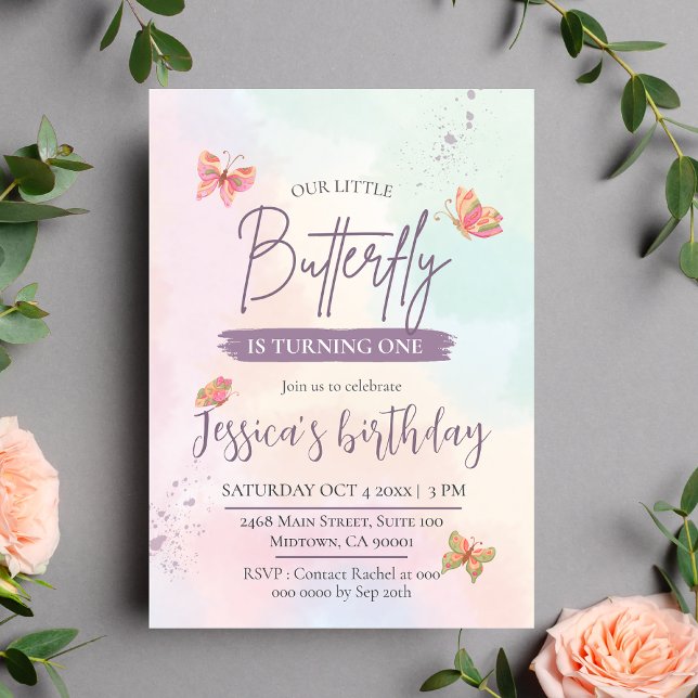Modern elegant cute butterfly themed 1st birthday  invitation (Creator Uploaded)