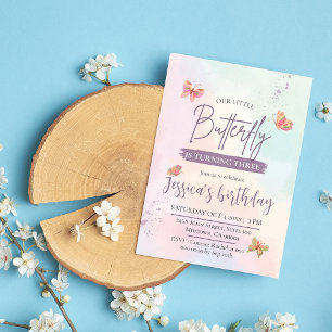 Modern elegant cute butterfly themed 3rd birthday  invitation