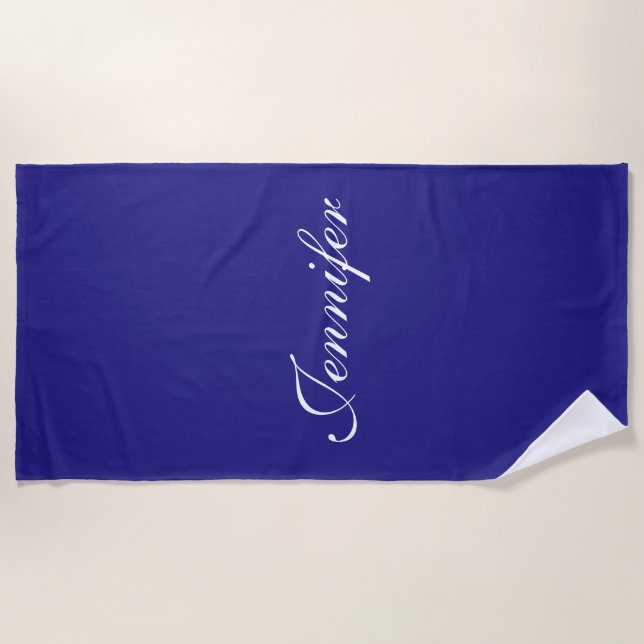 Modern Elegant Cute Unique Deep Blue Calligraphy Beach Towel (Front)