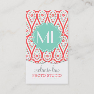 Modern Elegant Damask Coral Paisley Personalised Business Card