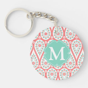 Modern Elegant Damask Coral Paisley Personalised Key Ring